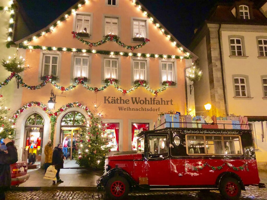 Evening Christmas in Rothenburg ob der Tauber, Germany in front of Kathe Wohlfahrt store.